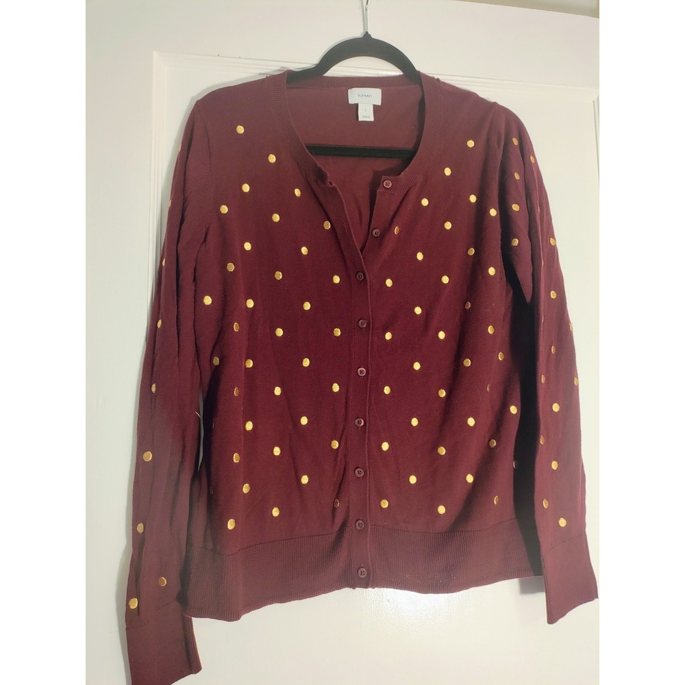 Old Navy Women's L Burgundy Cardigan Gold Polka Dot Embroidered Button Sweater